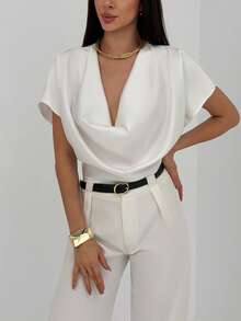 Aloruh Women's Cowl Neckline Short Sleeve Casual/Work Blouse, Spring Women - White - View 5