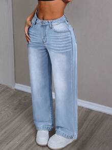 SHEIN PETITE 女式口袋直筒宽松休闲百搭牛仔裤