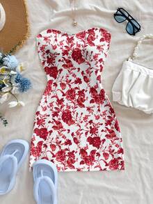 Soleia Damen Sommer Urlaubs Lässig bedrucktes Bandeau Mini Kleid - Rot-Weiß - Übersicht 5