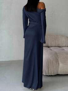 Aloruh Elegant Satin Asymmetric Ruched Flare Sleeve Maxi Dress With Cinched Waist, Suitable For Valentine's Day ,Wedding Guest Dress Women