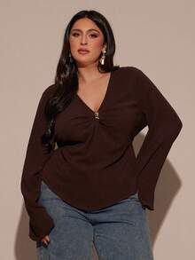 SHEIN BAE Plus Size Women V-Neck Ruched Long Sleeve Top, Autumn/Winter, Christmas For Women ,New Year's For Women, Elegant Top For Party, Beach, Casual, New Years Eve Top, Formal Gowns For Women Evening Elegant, Wedding Top, Birthday Party, Music Festival - Brown - View 6