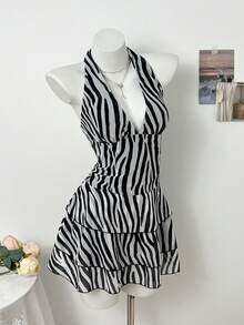 Elamini 女士时尚斑马纹露背吊带连衣裙，夏季