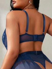 SHEIN 4pcs Plus Size Lace Lingerie Set With Underwire - Navy Blue - View 2