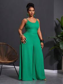 Slaydiva Summer Elegant Sage Green Holiday 2-Piece Set,Women's Plus Size Knit Texture Sleeveless Crop Top & Wide Leg Extra Long Pants Jumpsuit Work Outfits - Green - View 4