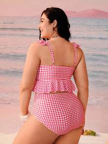 Swim Mod Plus Size Plaid Print Flounce Adjustable Strap Swimsuit Set, Vacation & Beach - Multicolor - View 2
