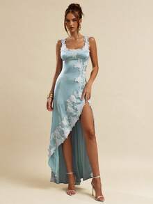 SHEIN BAE 浅蓝色方领贴花高开衩连衣裙，适合度假、音乐节、鸡尾酒会、浪漫约会、聚会、伴娘礼服、晚礼服、圣诞节、新年、情人节、夏季、下午茶派对等场合。 - 淺藍色 - 查看 4