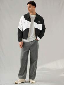 SWAVVY 男士休闲宽松灯芯绒拼接长袖衬衫，时尚日常穿着 - 黑色 - 查看 4