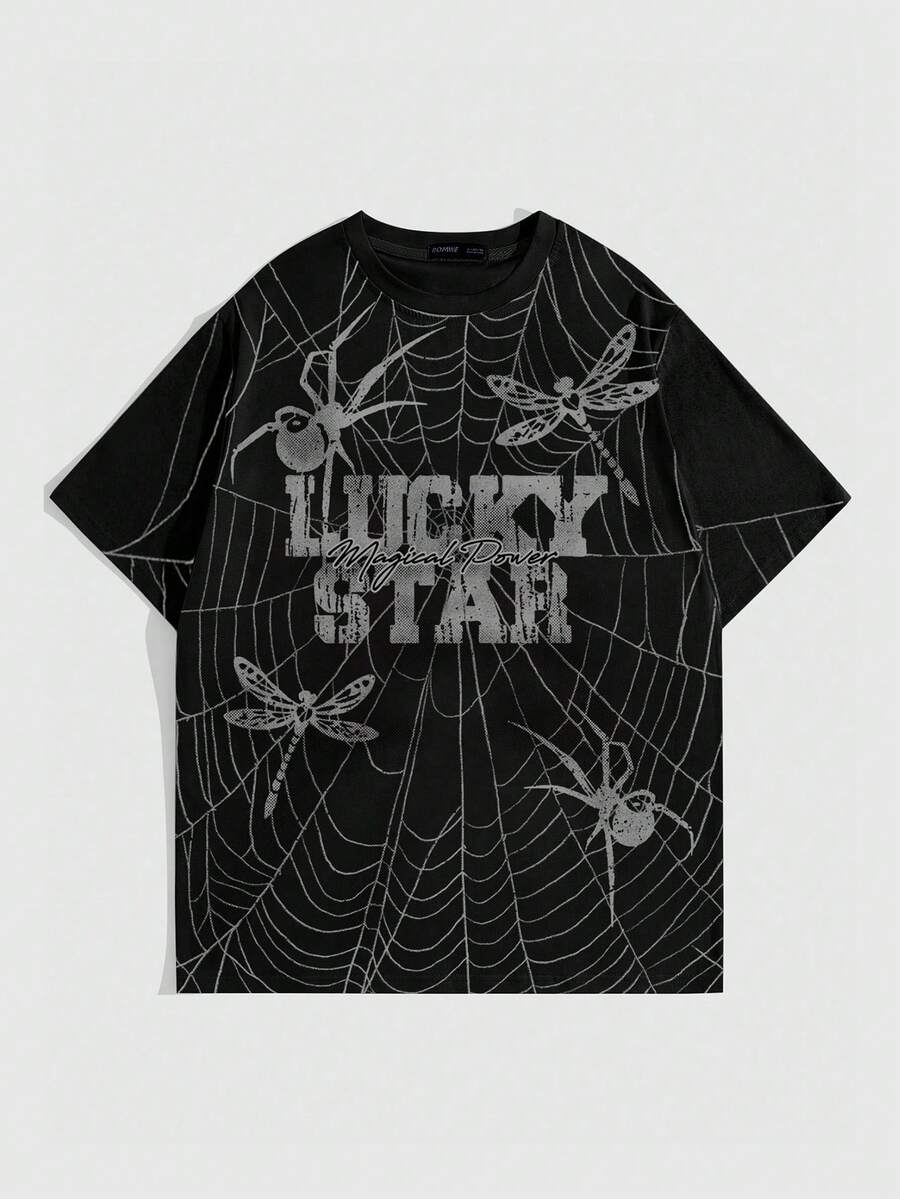 ROMWE MEN Men's All-Over Print Casual Round Neck Short Sleeve T-Shirt, Everyday Wear - Black - View 1