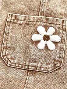 SHEIN ChillGRL Young Girl Casual Washed Floral Embroidered Denim Bib Pants - Khaki - View 5