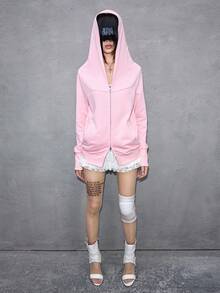 ROMWE Avant Avant-Garde Irregular Design Hooded Long Sleeve Women Sweatshirt Sweatshirt - Pink - View 9