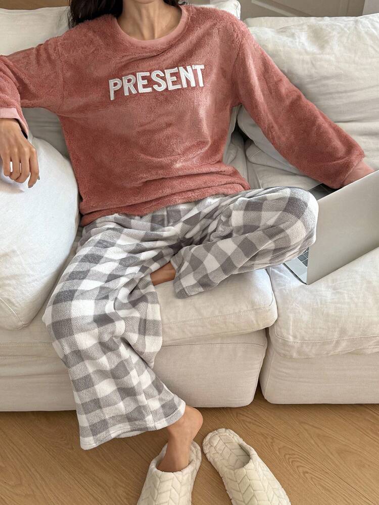 Women's Winter Fleece Letter Embroidery Top And Plaid Pajama Pants Sleepwear Set