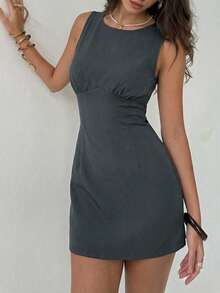 Aloruh Đầm ngắn ôm sát, màu trơn, cổ tròn, hở lưng, buộc dây phía sau dành cho nữ - Xám - Xem 6