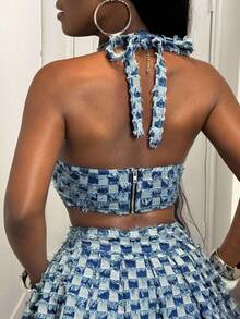 Slaydiva Top corto de halter de mezclilla para mujer, ajustado y sexy, color azul - Azul lavado oscuro - Ver 2