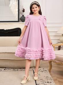 Girl's Elegant Mesh Overlay Dress, Lightweight Luxury Style, Suitable For Spring/Summer Parties And Celebrations, Layered Mesh Presents A Soft And Graceful Aesthetic For Formal Events Dress For Girls Lila Tween Girls Elegant Dress Tween Girl Dress With Sleeve Tween Dusty Pink Dress Tween Ruffle Dress - Pink - View 4