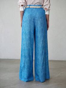 MOTF PREMIUM Quần dài ống rộng in họa tiết denim giả vải lanh dành cho nữ, kèm thắt lưng, mùa xuân/hè. - Màu xanh nhạt - Xem 6