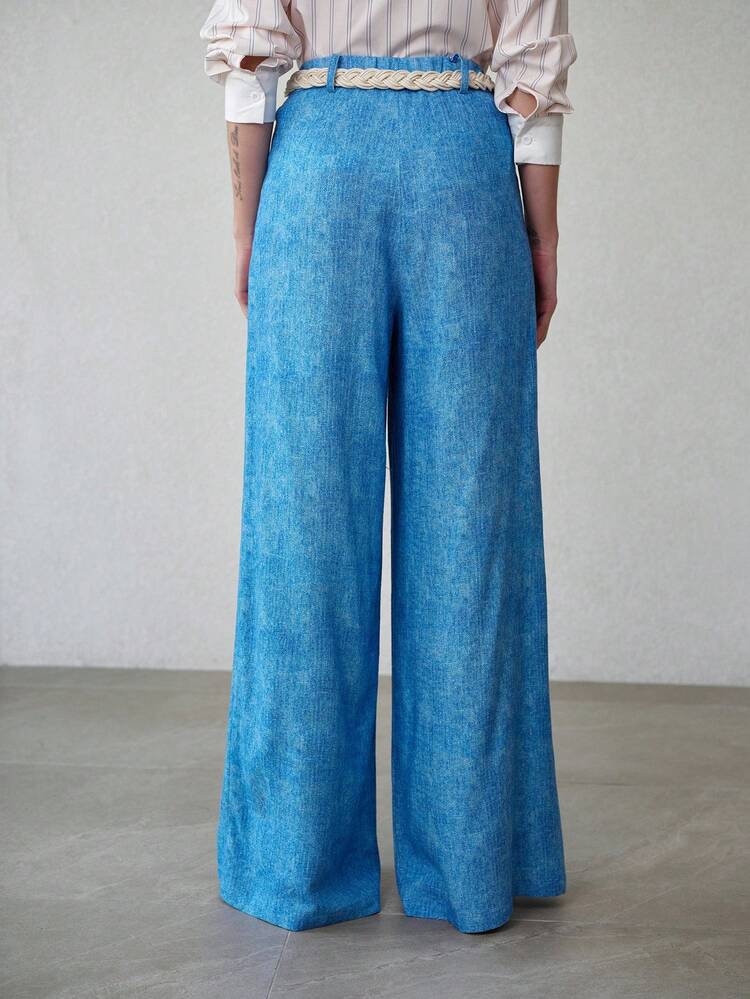 WOMEN'S LINEN LOOK DENIM PRINT LONG WIDE LEG PANTS WITH BELT, SPRING/SUMMER