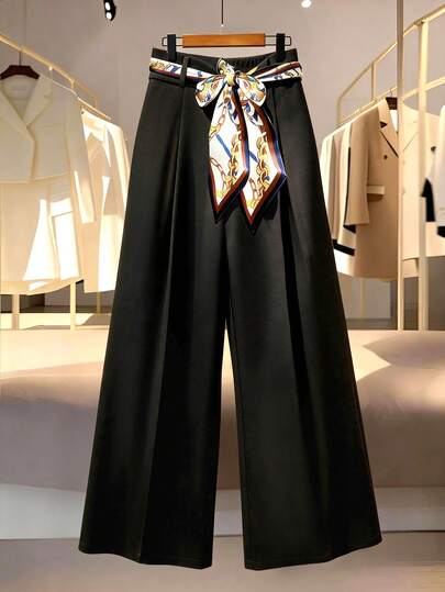 GlowEve CURVE Plus Size Women Chain Print Waist Design Wide Leg Suit Pants, Casual