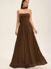 EMERY ROSE Twist Decor Bandeau Long Flowy Mesh Dress - Coffee - View 5