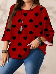 EMERY ROSE Áo kiểu nữ cỡ lớn in hình trái tim khắp thân áo, dáng rộng, cổ tròn, tay lỡ 3/4, phong cách lãng mạn, thích hợp làm quà tặng ngày Valentine. - Đỏ - Xem 6