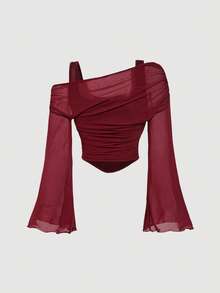 SHEIN MOD 二合一露肩网纱喇叭袖长袖女式衬衫，多件装，春季百搭，西式、复古、70年代风格，单件派对款 - 彩色 - 查看 6