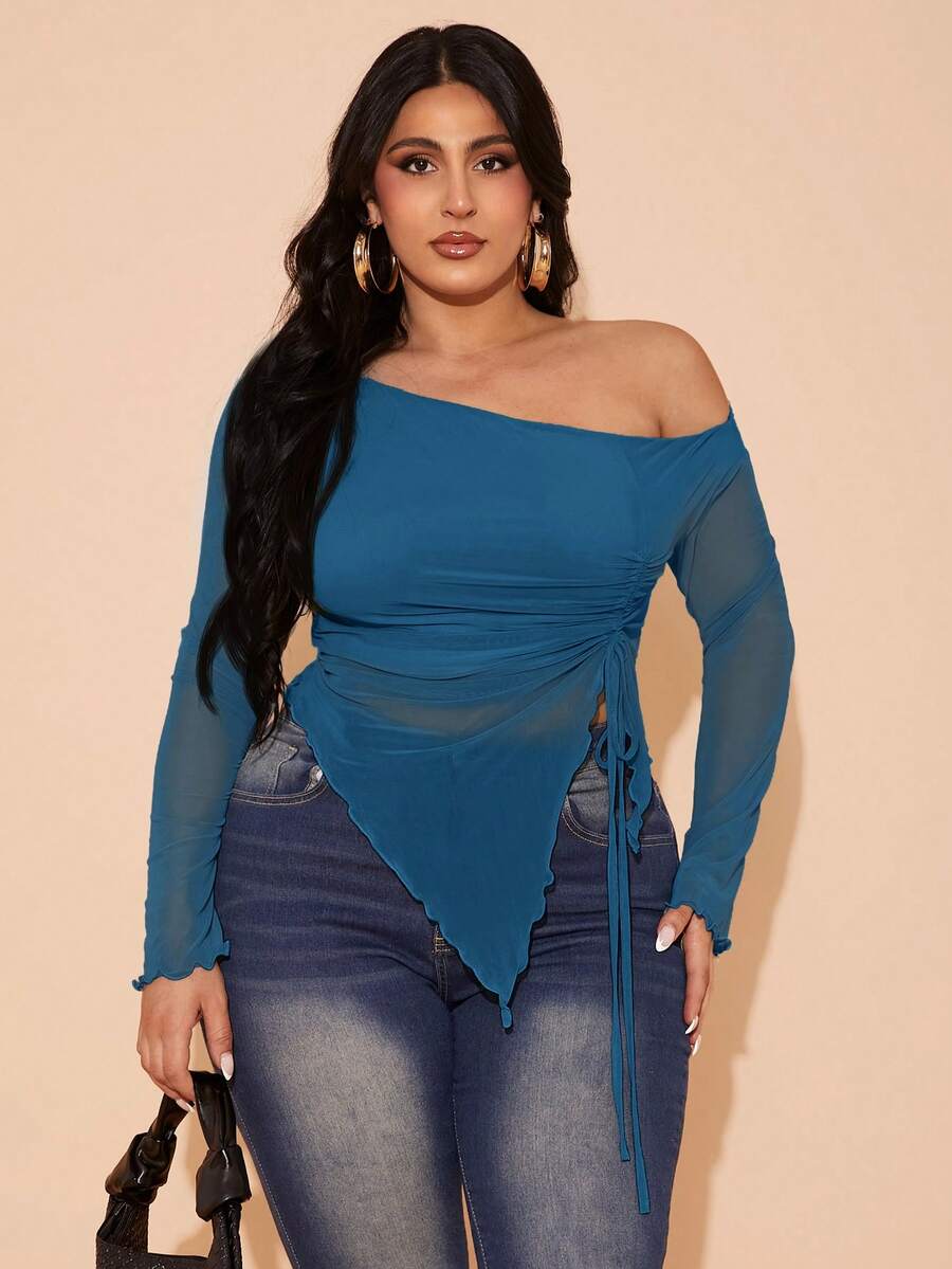 SHEIN BAE Plus Size Women Summer Holiday Party Elegant Bow Mesh Blouse Top - Teal Blue - View 1