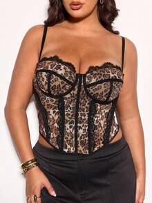 SHEIN BAE 夏季海滩度假大码假日派对聚会、约会旅行、外出玩乐上衣，女士豹纹网纱拼接蕾丝边吊带背心性感马甲，适合外出、约会之夜、主题派对和音乐会等场合。 - 彩色 - 查看 6