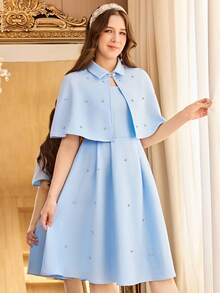 SHEIN 少女优雅蓝色披肩+无袖水钻装饰派对连衣裙，魅力公主风，正式场合，派对礼服，生日姐妹装，适合女孩日常穿着、节日、家庭聚会和特殊场合，姐妹装，春夏款，可爱、优雅、甜美、复古、时尚。母女装、姐妹装。 - 藍色 - 查看 5