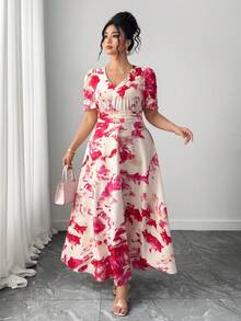 Elenzga 大码泡泡袖褶皱V领收腰修身连衣裙 - 玫紅色 - 查看 3