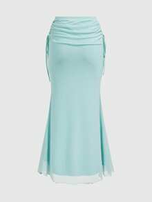 ROMWE Avant Summer Vacation Sexy Ocean Shell Decor Patchwork Hem Bandeau Mermaid Maxi Skirt Plus Size 2 Pieces Set - Baby Blue - View 6