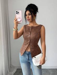 Elenzga Nomadic Sleeveless Vest Jacket, Casual Outfit For Everyday Wear, Spring/Summer - Brown - View 4