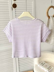 SHEIN Áo thun tay ngắn dáng rộng, vai rớt, chất liệu vải dệt jacquard dành cho bé gái tuổi teen. - Màu tím hoa cà - Xem 2
