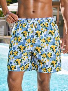 Manfinity VDAYZ Men's Summer Vacation Style All-Over Lemon Print Drawstring Waist Loose Beach Shorts - Blue and White - View 2