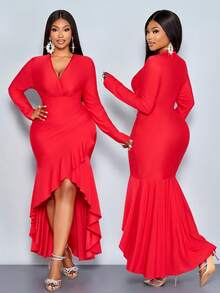 SOLERSUN Plus Size Red Autumn Elegant Satin Party Dress,Women's Deep V Neck Puff Sleeve High Elastic Pleated Ruffles Short Front Long Back Slit Long Dress - Red - View 3