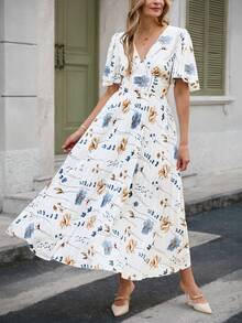 Isle Nomé Women's White And Blue Floral Summer Elegant Tea Party Holiday V-Neck Short Sleeve Waist Gathered A-Line Hem Printed Dress Retro Minimalist High-End - White - View 4