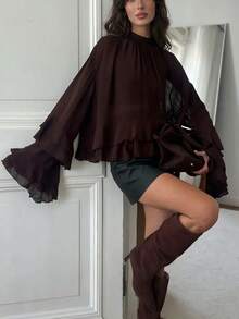 Aloruh Women's Elegant Bohemian Ruffle Trim Long Sleeve Blouse Ruffle Blouse Chocolate Brown Top - Brown - View 1