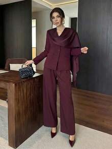 Firerie Women's Elegant Commuter Sophisticated Outgoing Fashion New Year Holiday Satin Scarf Shawl Collar Waist Long Sleeve Blazer And High Waist Pants Burgundy Suit Two Pieces Set