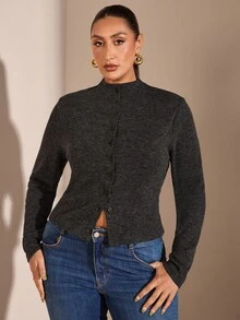 SHEIN BAE Blusa de manga larga con botones delanteros lisos para mujer de talla grande, uso diario casual, blusa básica de manga larga con decoración de botones metálicos para mujer de talla grande, otoño para mujer, invierno para mujer, talla grande de otoño, elegante - Negro - Ver 7