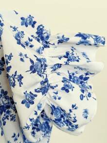 Vibekara Đầm midi cỡ lớn cổ vuông xếp nếp họa tiết hoa nhí, đầm hoa kiểu vintage thanh lịch cho mùa lễ hội - Xanh và trắng - Xem 7