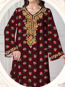 Al Najma 女士优雅V领长袖喇叭下摆印花连衣裙，舒适飘逸，采用涤纶面料，适合居家、外出、度假、派对等场合。飘逸连衣裙，复古连衣裙/碎花连衣裙，植物印花连衣裙，红色连衣裙，红色长袖连衣裙。女士连衣裙 - 紅色 - 查看 3