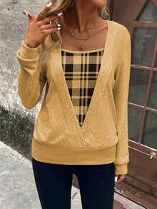 EMERY ROSE 女士格子拼接休闲套头卫衣，通勤和日常穿着皆宜，长袖 - 黃色 - 查看 5
