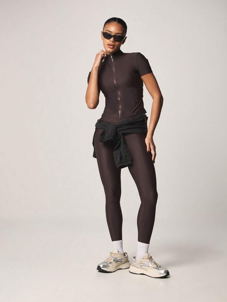 MISSGUIDED Full Zip Mock Neck Short Sleeve Top With High Waisted Leggings Co-Ord Set