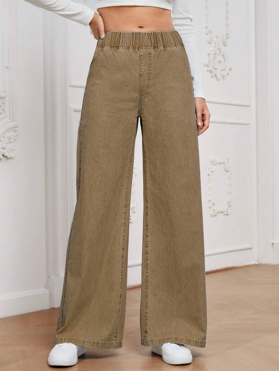 EMERY ROSE 女士百搭休闲高腰阔腿宽松轻薄牛仔蓝梭织裤 - 咖啡棕 - 查看 1