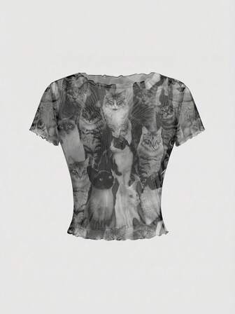 ROMWE Avant Sexy, süßes, transparentes Katzen-Muster Sommer T-Shirt Top für Frauen