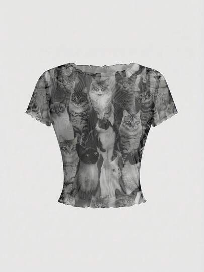 ROMWE Avant Sexy, süßes, transparentes Katzen-Muster Sommer T-Shirt Top für Frauen