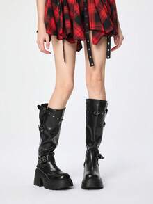 ROMWE Grunge Punk 女士朋克暗黑风PU圆头厚底高跟长靴，时尚百搭骑马靴，显瘦皮带扣小码正装靴，2025秋冬新款 - 黑色 - 查看 2