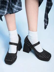 Sugerpunk Spring/Summer New Women Platform Thick Sole Waterproof High Heel Close Toe Mary Jane Strap Hook And Loop High Heels Black Pumps Spring Shoes Spring Break Easter Prom Heels Valentine's Day - Black - View 3