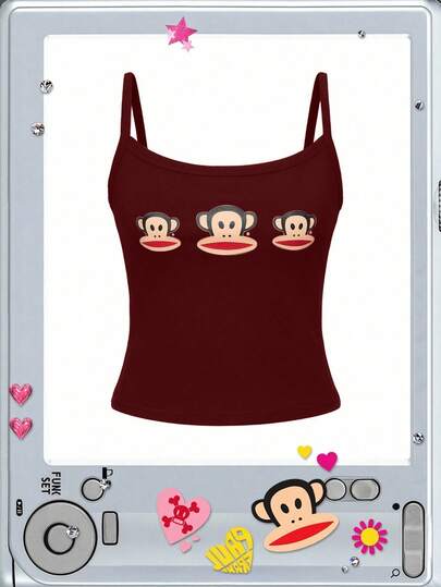 Paul Frank X ROMWE Débardeur slim en coton imprimé singe Y2K pour femmes