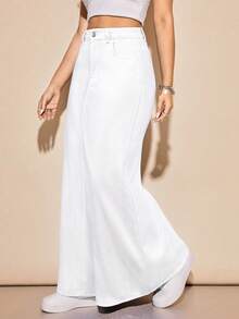 Rivivi Fustă lungă din denim, cu imprimeu A, culoare solidă, casual, minimalistă, cu găici pentru curea - alb - Vizualizare 4
