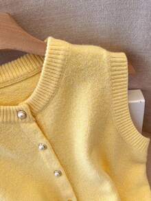 Franclia Petite 女士百搭时尚简约百搭珍珠纽扣优雅通勤女士背心 - 黃色 - 查看 7