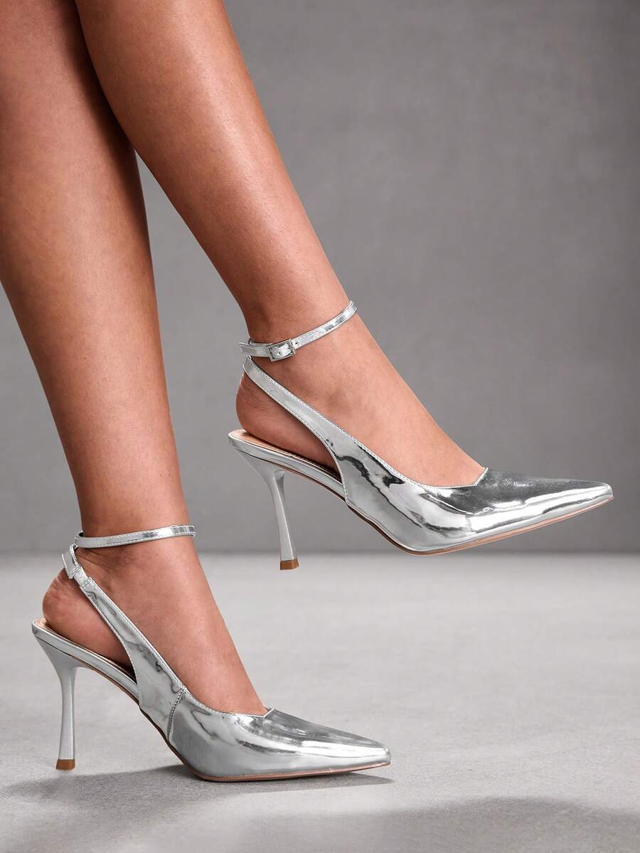 CUCCOO SZL Women Shoes Fashionable Silver Sexy Ankle Strap Pointed Stiletto Shoes Suitable For Commuting, Dating, Parties And Other Occasions To Wear Valentine's Day - Silver - View 1